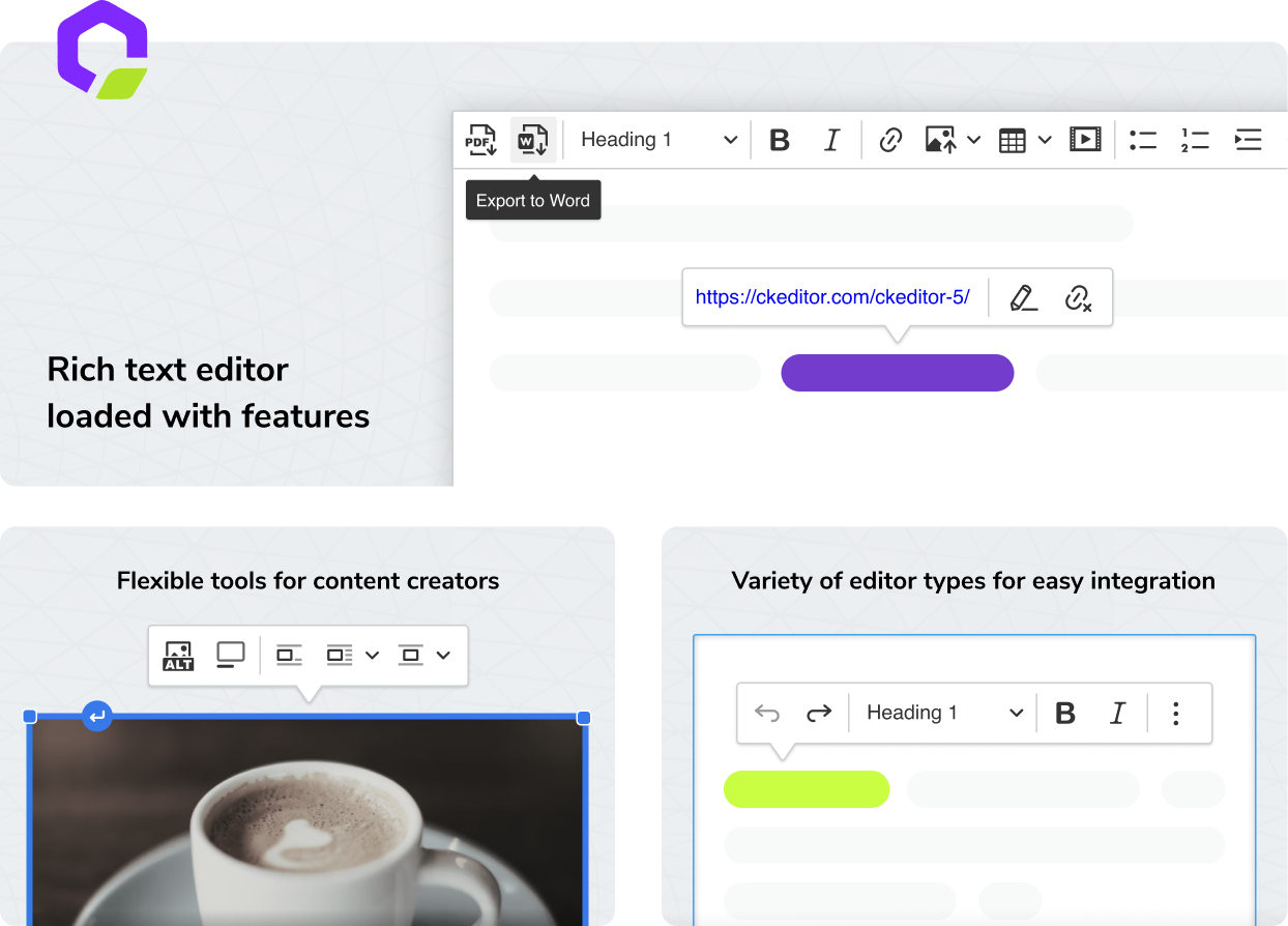 A composition of screenshots presenting various features of CKEditor 5 rich text editor